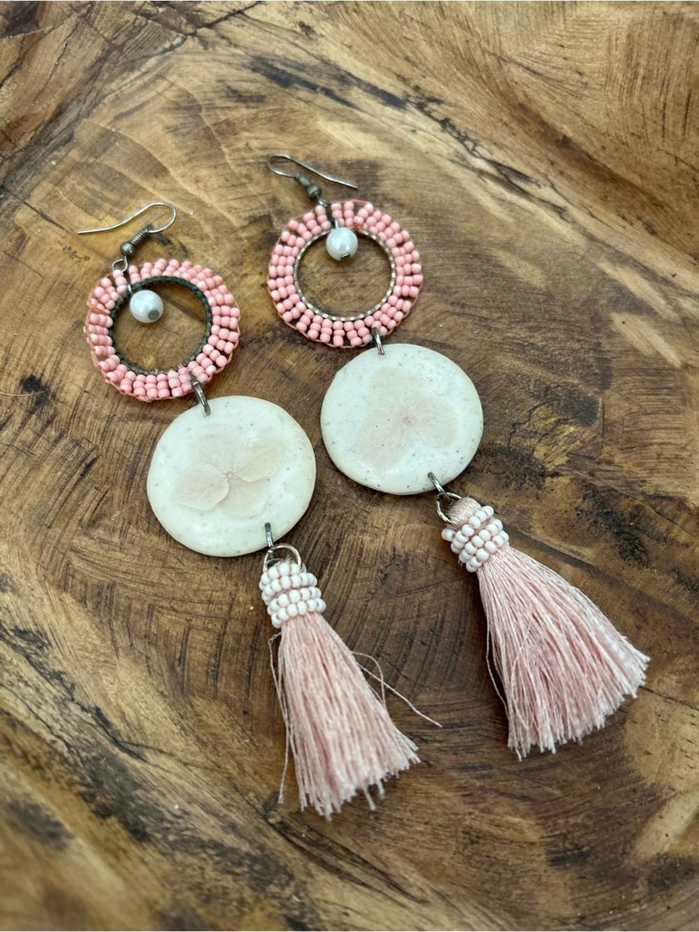 Pink Pressed Flower Beaded Tassel Drop Earrings